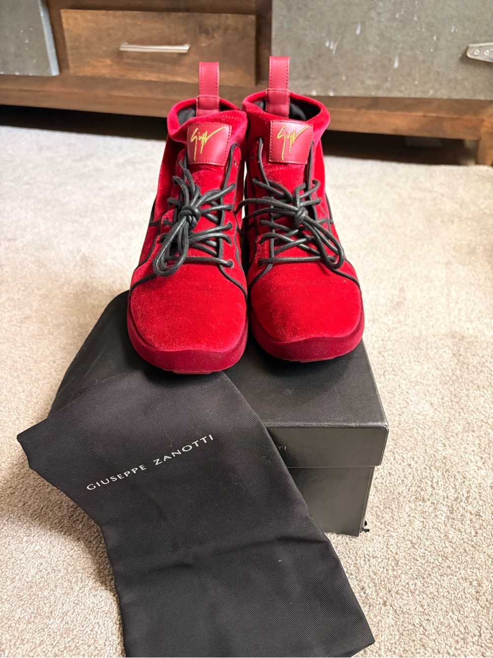 Giuseppe Zanotti Red Velvet High-Top Sneakers with Gold Logo